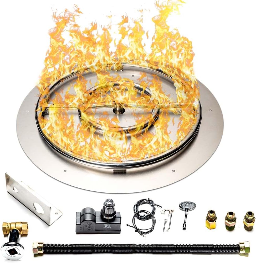 Stainless Steel Fire Pit Burner Pan & Ring Standard Kit with Spark Ignition for Natural Gas, 30-Inch Pan, 24-Inch Ring, 150,000 BTU Max-VerdiqueGarden