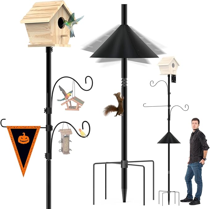 Bird Feeder Pole 118 Inch, Hummingbird House Mount Kit With Squirrel Proof Baffle, Double Shepherds Hooks for Outdoor, Yard, Garden Decor, Black (House Not Included)-VerdiqueGarden