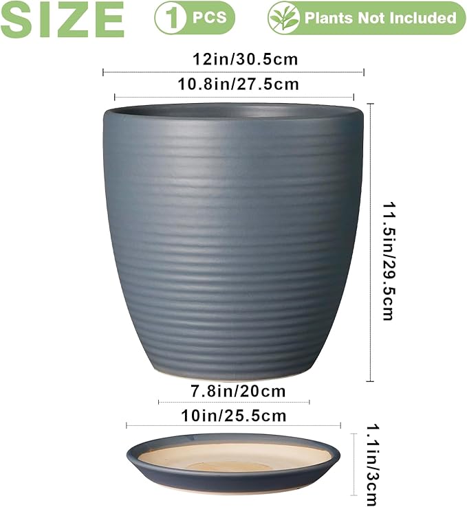 12 Inch Pots for Plants Ceramic Planter Pot Large Flower Pot with Drainage Hole and Saucer for Home Patio Garden Office Indoor Outdoor Gray-VerdiqueGarden