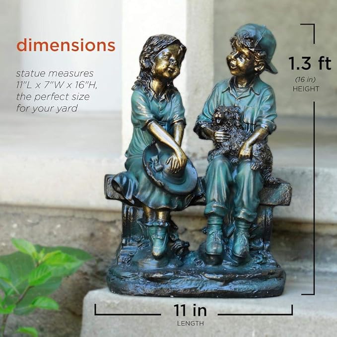 Alpine Corporation 16" Tall Indoor/Outdoor Girl and Boy Sitting on Bench with Puppy Statue Yard Art Decoration-VerdiqueGarden
