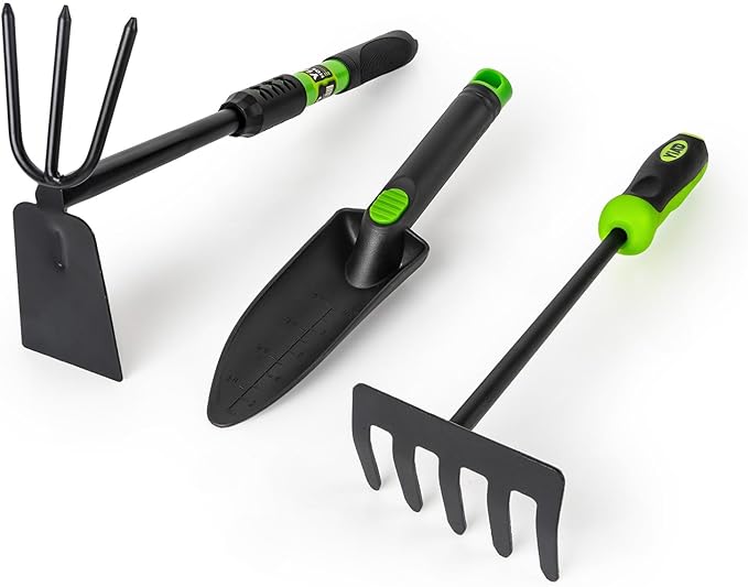 Hoe Garden Tool Set, 3 Piece Handheld Gardening Tools includs Garden Hoe and Cultivator Combo, Mini Hand Rake and Garden Trowel Outdoor Heavy Duty Garden Tools for Weeding or Digging-VerdiqueGarden
