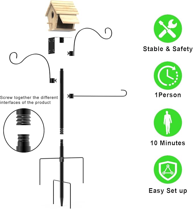 Bird Feeder Pole 118 Inch, Hummingbird House Mount Kit With Squirrel Proof Baffle, Double Shepherds Hooks for Outdoor, Yard, Garden Decor, Black (House Not Included)-VerdiqueGarden