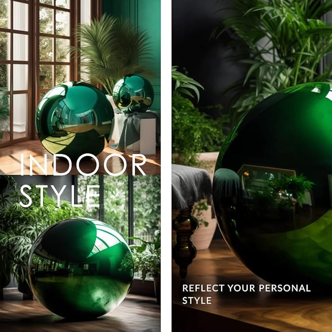 12 Inch Stainless Steel Gazing Globe,v2croft Hollow Ball Mirrored Surface Polished Shiny Sphere,Garden Stainless Steel Gazing Ball for Outdoor Lawn Pond Yard Ornament(Green)-VerdiqueGarden