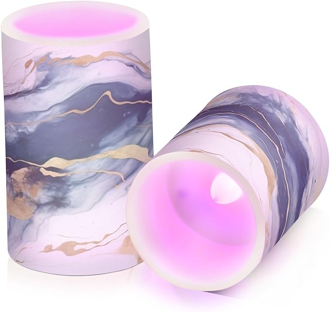 Flickering Flameless Candles, Drak Blue Golden Marble LED Candles with Remote Timer, Set of 2 Battery Operated Candle for Valentine Wedding Birthday-VerdiqueGarden