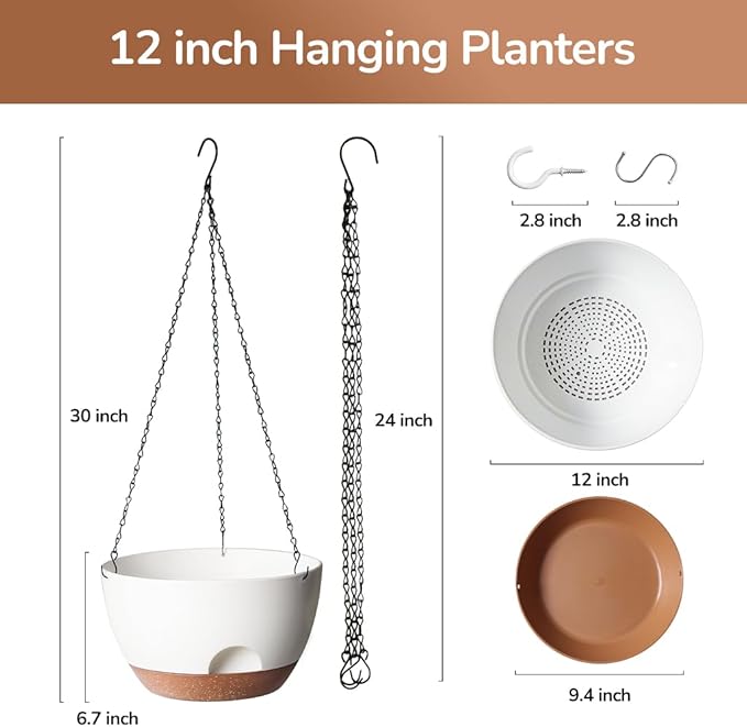 12 Inch Hanging Baskets for Plants Outdoor, Hanging Planters for Indoor Outdoor Plants, Hanging Planter with Self Watering, Hanging Flower Pots (White)-VerdiqueGarden