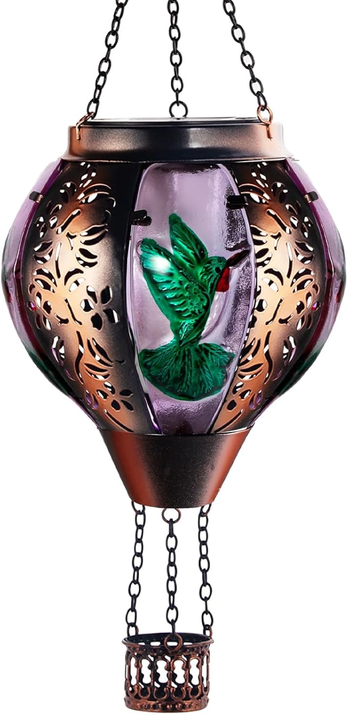 Hot Air Balloon Solar Lantern Outdoor - Flame Hanging Solar Light Waterproof Lanterns for Patio Garden Yard Farmhouse Decor, Great Gift(Hummingbird 2)-VerdiqueGarden