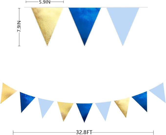 Gold Blue Party Decoration Gradient Blue and Gold Triangle Pennant Banner Flag Metallic Fabric Bunting Garland for Nautical Ahoy Achor Birthday Graduation Retirement Wedding Baby Shower Party Supplies-VerdiqueGarden