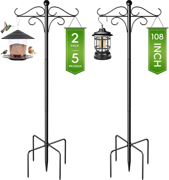 Shepherds Hooks for Outdoor, 2 Pack 108 Inch Heavy Duty Bird Feeder Pole with 5 Prongs Base, Adjustable Shepherds Hook for Hanging Birdhouses, Lanterns, Plant Baskets, Wind Chimes-VerdiqueGarden