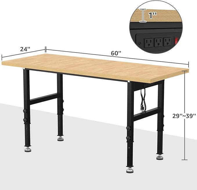 60" Adjustable Workbench,Heavy-Duty Work Table,3000 LBS Load Capacity Particleboard Hardwood Workstation Outlets with Power Strips and Fixed feet,for Workshop, Garage-VerdiqueGarden
