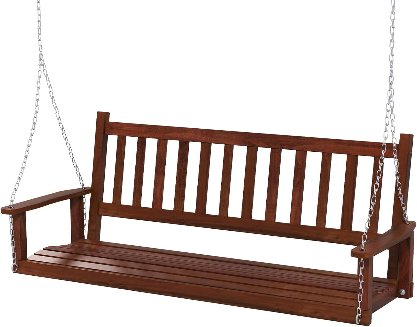 HAPPYGRILL 3-Person Wooden Outdoor Porch Swing, Heavy Duty Patio Hanging Bench Chair with 800 LBS Weight Capacity, 5.6 FT Adjustable Upper Chains, Slatted Back, Swing Bench for Garden, Backyard-VerdiqueGarden