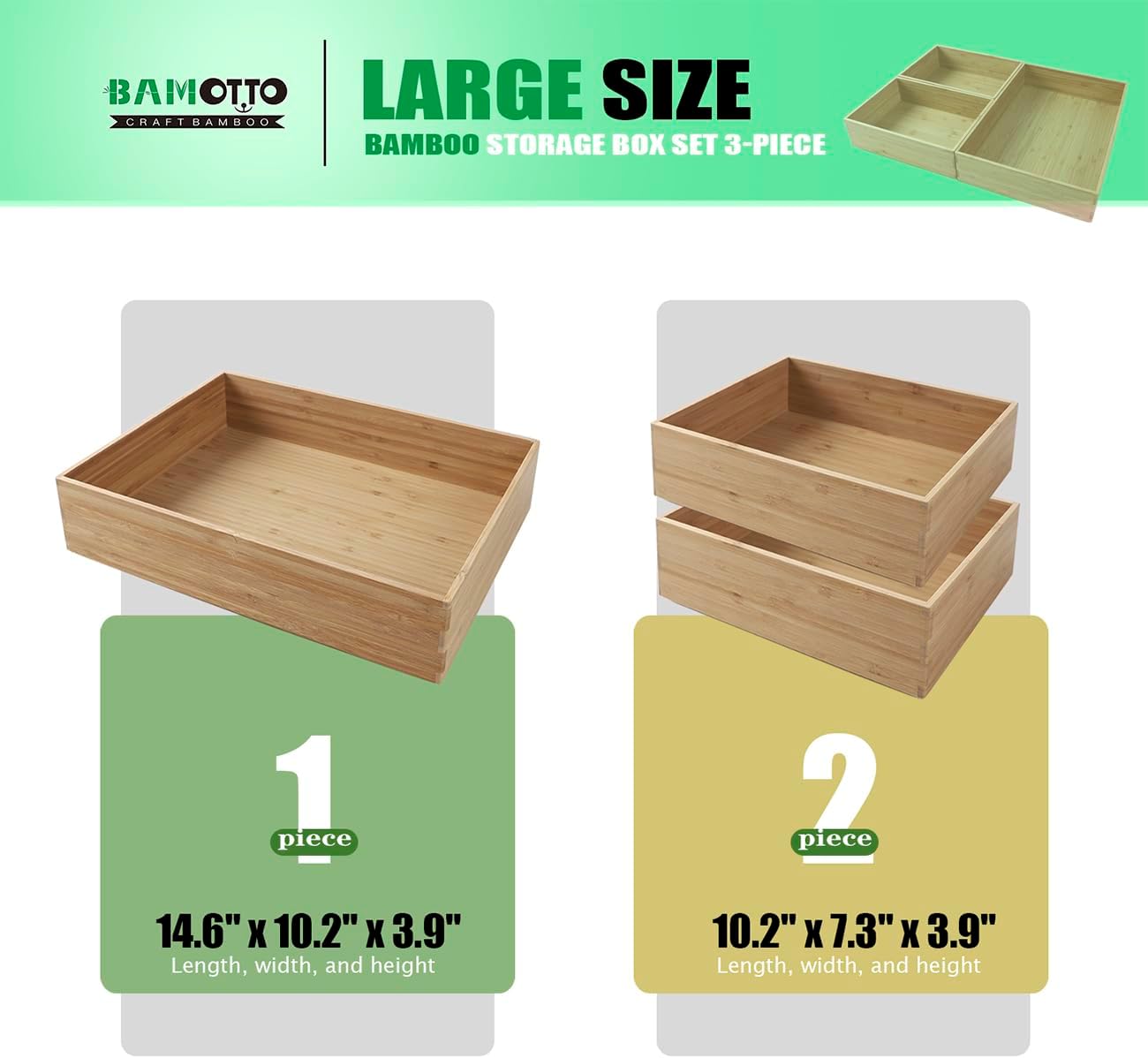 3-Piece Large Bamboo Storage Box Set, 3.9 in High, Stackable Deep-Drawer Organizer for Kitchen Cutlery, Cookware, Utensils & Knives, Lidless Wooden Bin (14.6"x10.2"*1+10.2"x7.3"*2)-VerdiqueGarden