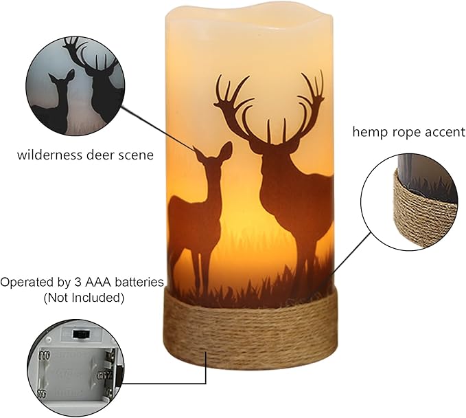 Flickering Flameless Candles with 6H Timer, LED Warm Light Pillar Candles Battery Operated Real Wax with Hemp Rope, Deer, Moose, Bear, Home Table Decoration for Wedding Party-VerdiqueGarden