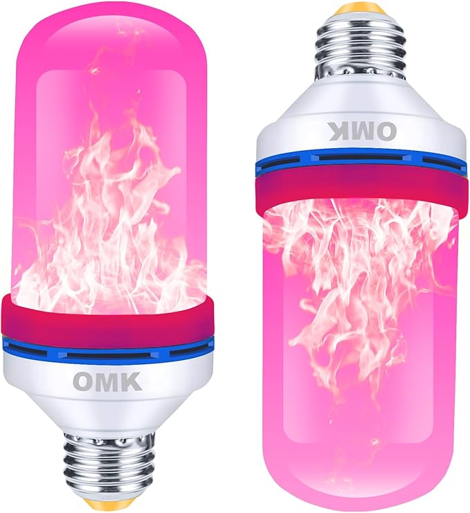 OMK 【Upgraded Pink Smaller LED Flame Light Bulbs - Flickering Light Bulbs with Gravity Sensing, E26 Base Fire Light Bulb, Indoor Outdoor Light Bulbs, Holiday Christmas Vintage Flame Bulb Decorations-VerdiqueGarden