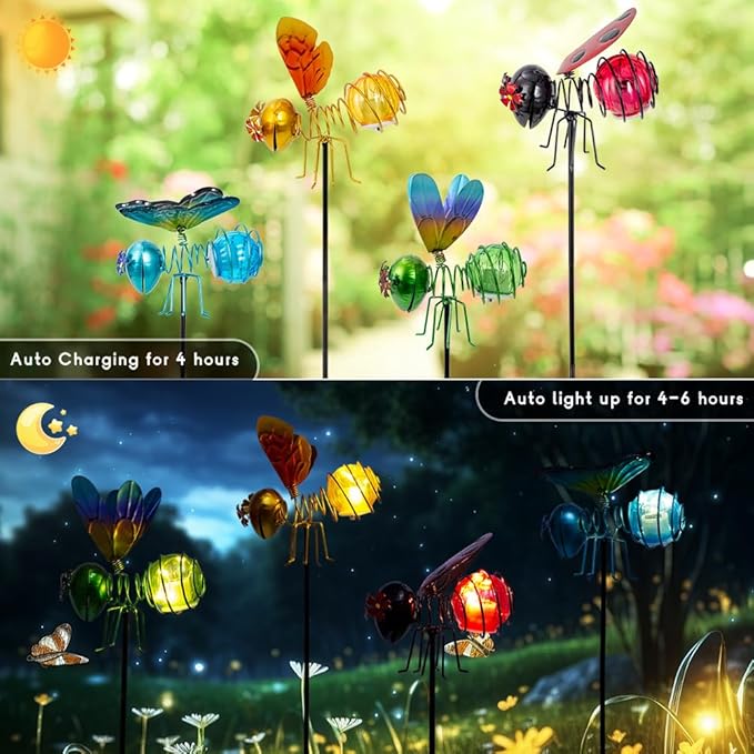 Insects Solar Garden Lights, 22.4" H Butterfly & Bee & Dragonfly & Ladybug Solar Stake Light, 4 Pcs Outdoor Statues Figurine Lights for Spring Garden Lawn Patio Yard Decoration-VerdiqueGarden