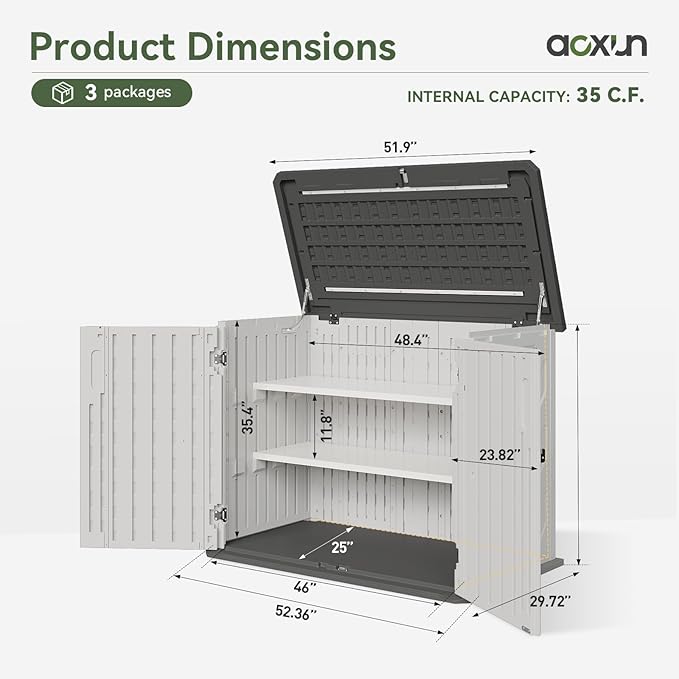 Aoxun 35 Cu.Ft Outdoor Storage Shed with 2 Shelves and Floor, Waterproof Horizontal Resin Cabinet for Trash Cans, Lawn Mowers, Generators, and Garden Tools, White-VerdiqueGarden