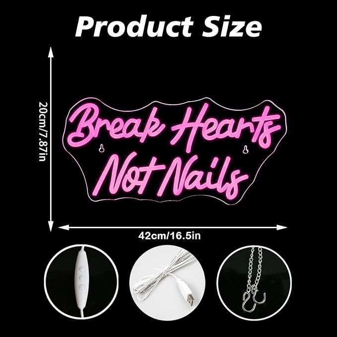 Break Heart Not Nails Neon Sign for Wall Decor,Neon Light Pink LED Neon Light for Bedroom Nails Salon Beauty Room Shop Decoration Gift-VerdiqueGarden