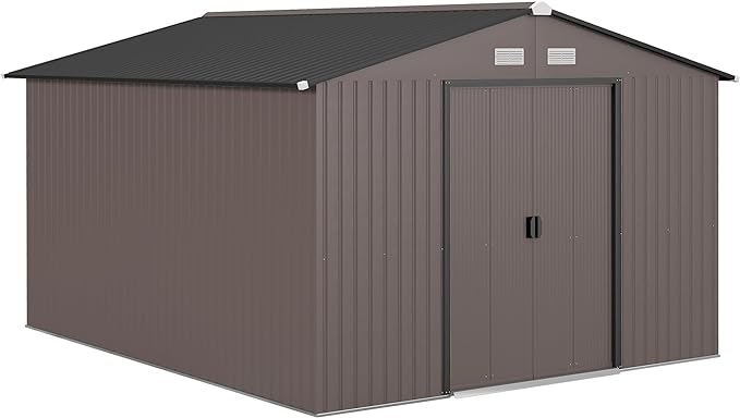 Outsunny 11' x 9' Outdoor Storage Shed, Garden Tool Metal Shed with Foundation Kit, Double Lockable Door, Air Vents and Sloping Roof, for Backyard, Patio, Lawn, Brown-VerdiqueGarden