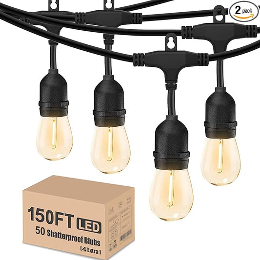 Achin Outdoor String Lights 150 Feet LED Waterproof Patio Lights with 50 Shatterproof Dimmable Warm Edison Bulbs String Lights for Outdoor Gazebo Bistro Wedding Birthday Party Lights, Connectable-VerdiqueGarden