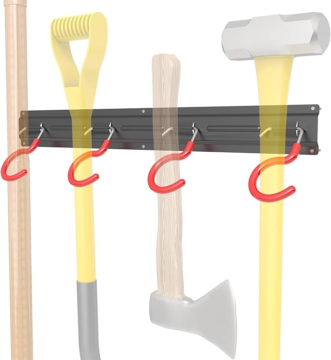 TORACK Metal Wall-Mounted Garden Tool Organizer for Garage, Mop and Broom Holder, Yard Tool Storage Rack for Rakes, Shovels, Mops, Brooms (4 Rails, 16 Hooks)-VerdiqueGarden