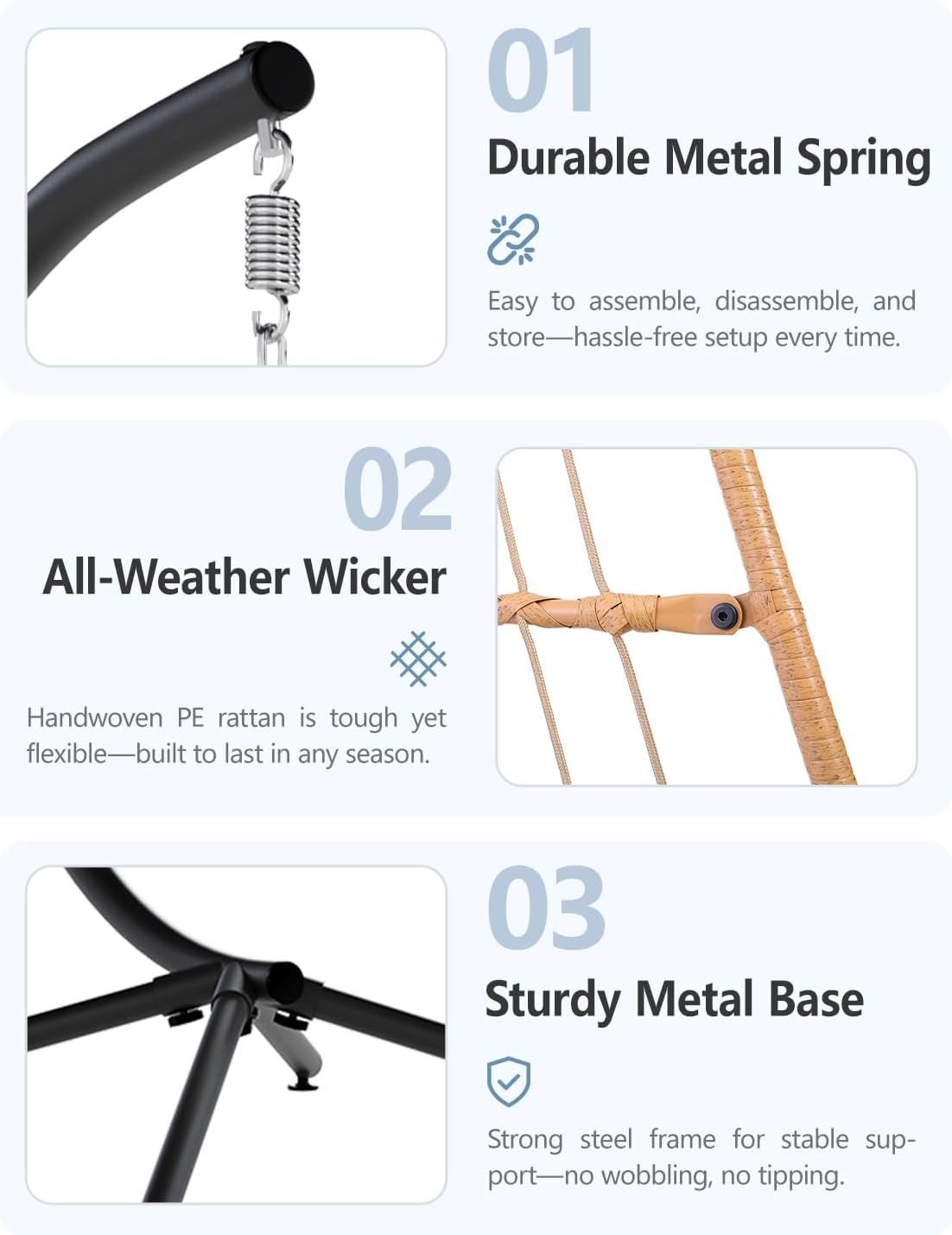 SWITTE Egg Chair Outdoor with Stand, Indoor Wicker Hanging Egg Swing Chair with Cushion, 350lbs Capacity for Patio, Bedroom, Garden - Cream-VerdiqueGarden