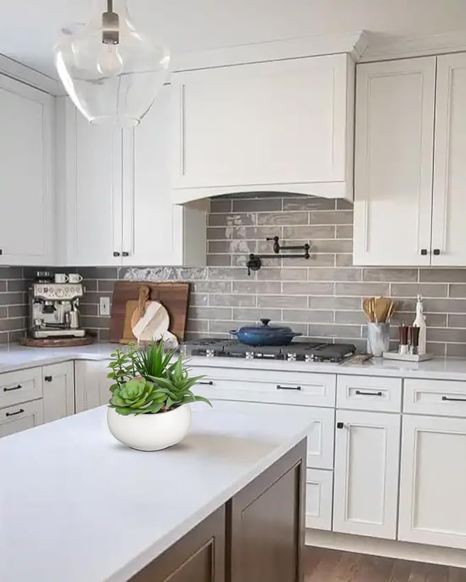 Fake Plants Artificial Succulents in Pots Faux Succulent Arrangement Potted Plant with White Ceramic Pot for Home Decor Modern Office Desk Bathroom Shelf Living Room Indoor Decoration-VerdiqueGarden