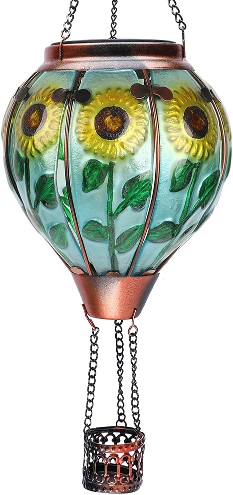 Hot Air Balloon Solar Lantern with Flickering Flame Hanging Solar Lanterns Outdoor Lights Waterproof Lanterns Decorative Garden Patio Yard Party Decor Wavy-Colorful + Sunflower-VerdiqueGarden