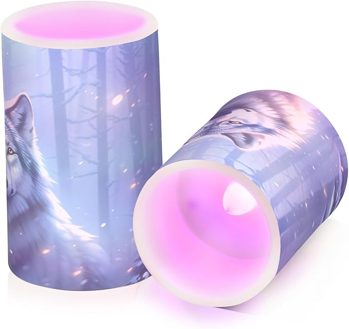 Flickering Flameless Candles, Wolf Winter Forest LED Candles with Remote Timer, Set of 2 Battery Operated Candle for Valentine Wedding Birthday-VerdiqueGarden
