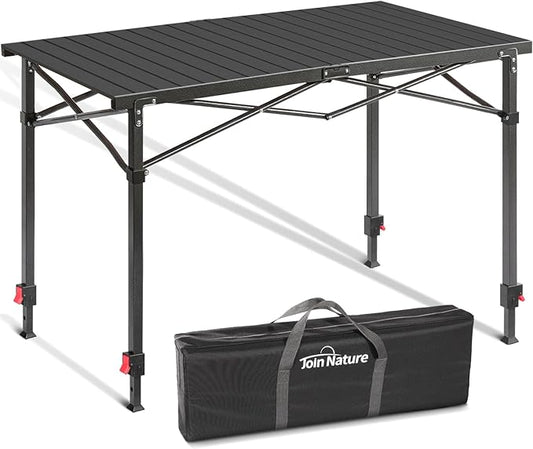 Portable Outdoor Adjustable Height Camping Table, Large for 2-6 Person, Foldable Roll-up Aluminum Camp Table with Carry Bag for Picnic, Camp, Sturdy, Stable, Loads 220 Lbs (Black)-VerdiqueGarden