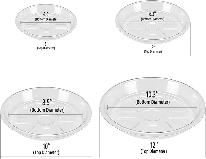 BORPEIN Plant Saucer (6,8,10inch, 18 Pack) Clear Plastic Plant Trays for Pots Indoors Outdoors,Thicker Flower Pot Saucers, Plant Plate to Catch Water-VerdiqueGarden