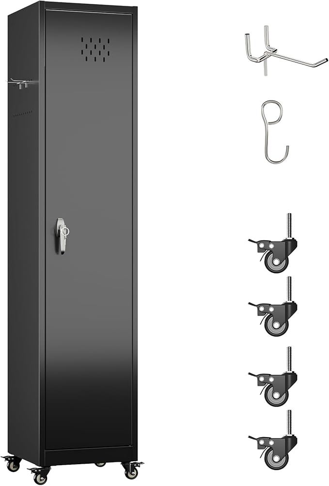 72''H Metal Broom Closet Storage Cabinet with Wheels & Pegboards, Mops Broom Closet Organizer with Locking Door & Hanging Rod,Cleaning Tool Garage Storage Cabinet,Assembly Required,Black-VerdiqueGarden