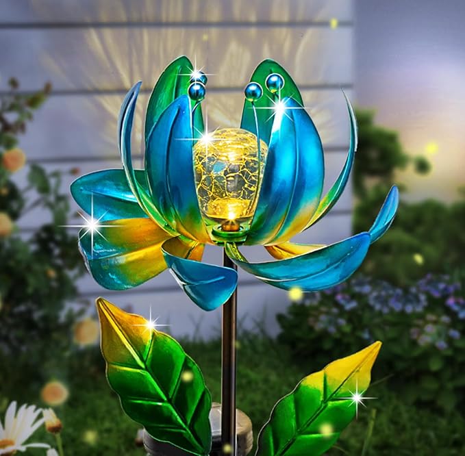 Solar Yard Lights Wind Spinners- Metal Lotus Flower Garden Decor LED Crackle Glass Globe Yard Art Sculpture Solar Stake Lights for Patio Pathway Lawn Walkway-VerdiqueGarden