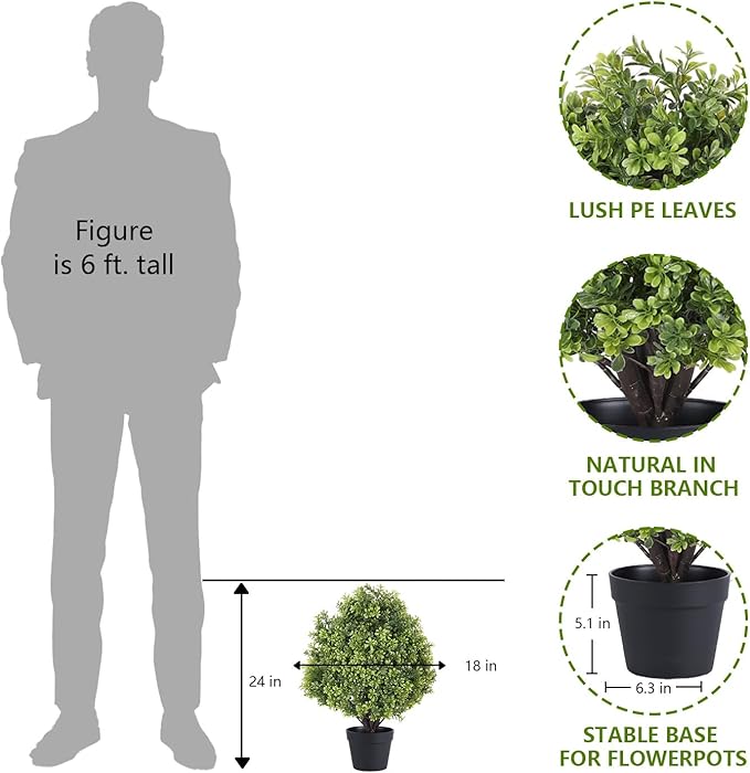 THE BLOOM TIMES 2ft Faux Boxwood Plants Outdoor Set of 2, Topiary Balls Artificial Outside Trees, 24" UV Resistant Fake Greenery Bushes & Shrubs for Front Porch Planter-VerdiqueGarden