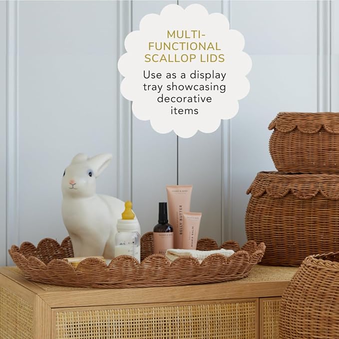 BEBE BASK Large Scalloped Basket Set Of 3 - Hand-Woven & Award-Winning Scallop Basket - XL - Extra Large for Blankets 22 x 16 x 10 In - Elegant Wicker With Scalloped Edge Lid (Mocca)-VerdiqueGarden