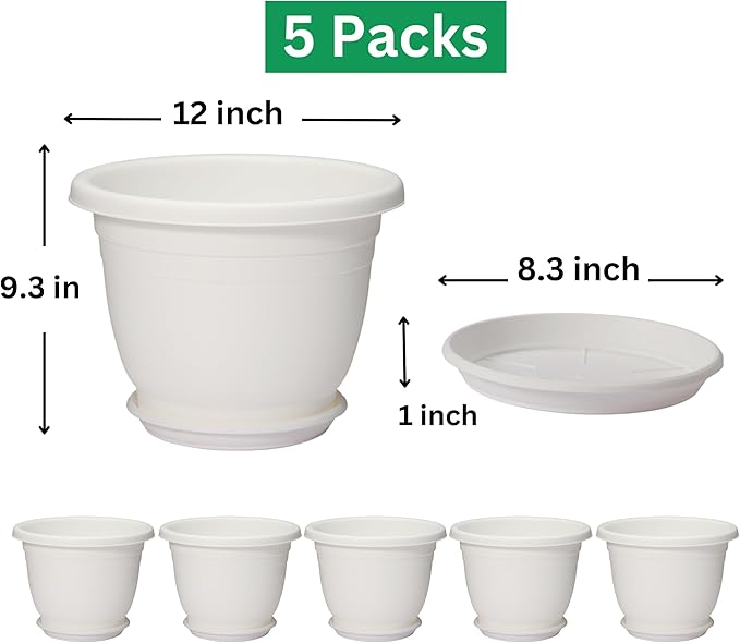 5 Packs 12 inch Flower Pots + Saucer, Planters for Indoor & Outdoor Plants with Drainage Holes | Plastic Flower Pots, Large Planter (White, 12 inch)-VerdiqueGarden