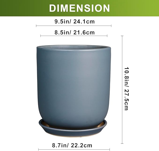 10 Inch Plant Pot - Ceramic Pot for Indoor Plants Outdoor Planter Large Flower Pot with Drainage Hole and Saucer Cylinder Gray-VerdiqueGarden
