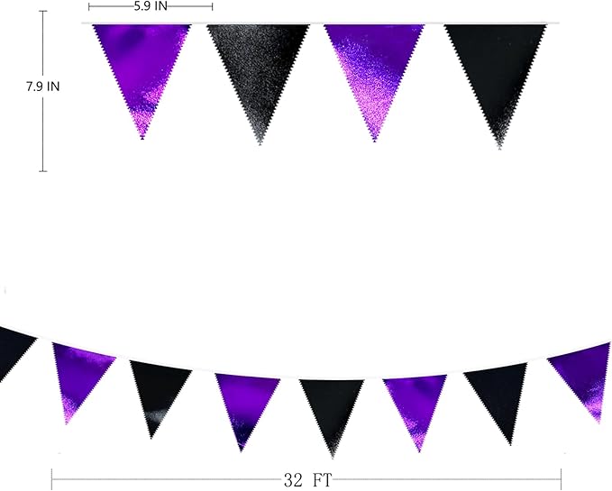 Purple and Black Party Decorations Metallic Fabric Triangle Pennant Banner Flag Bunting Garland for Graduations Birthday Retirement Wedding Baby Shower Bachelorette Halloween Outdoor Party Supplies-VerdiqueGarden