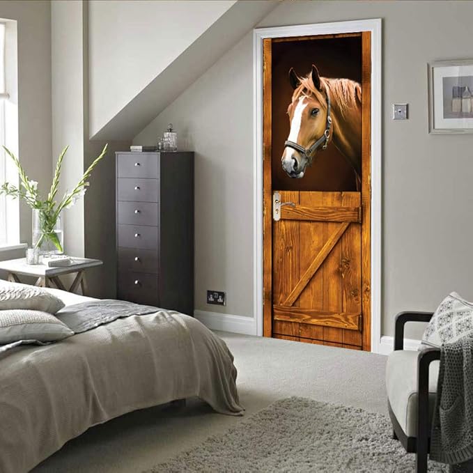 3D Horse Door Stickers Murals Peel and Stick - Self-Adhesive Wallpaper Decals, Removable PVC Waterproof Poster for Bedroom Living Room 37.4" x 78.7"-VerdiqueGarden