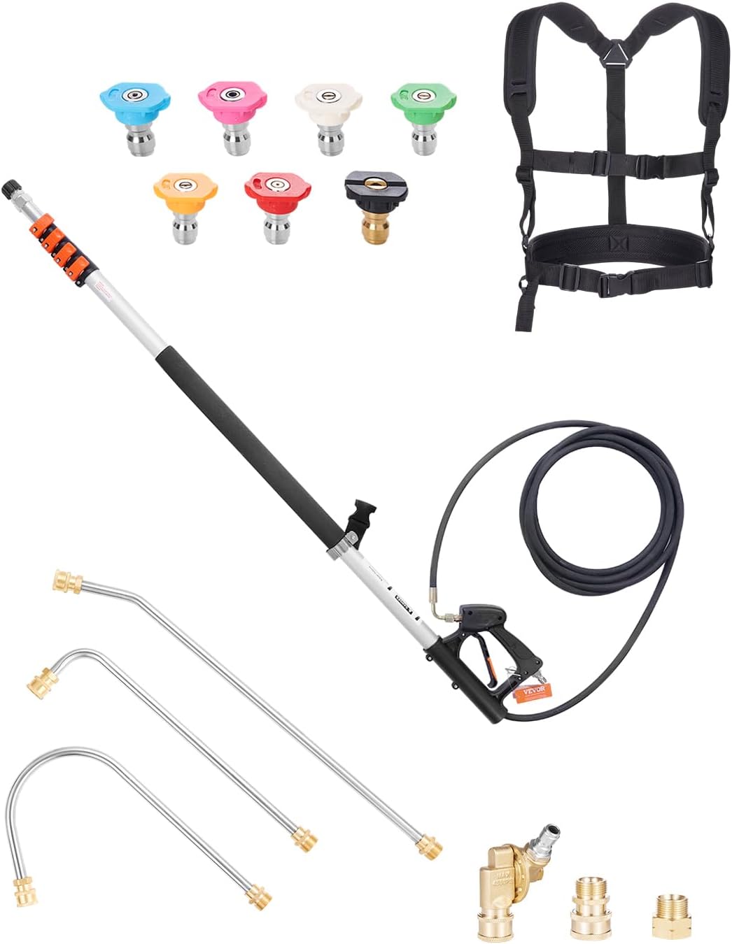 VEVOR Pressure Washer Telescoping Wand, 24 ft, 4000 psi, Telescopic Spray Wand with Power Washer Extension Wands, Gutter Cleaner, Pivoting Coupler, 7 Spray Nozzle Tips and Adjustable Support Harness-VerdiqueGarden