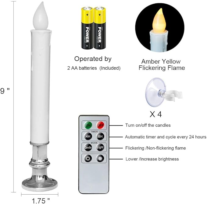DRomance 9" Flameless Window Taper Candles Battery Operated with 8-Key Remote and Timer, 4 Pack White Christmas Holdiay Window Candles with Silver Holders, Suction Cups and AA Batteries Included-VerdiqueGarden