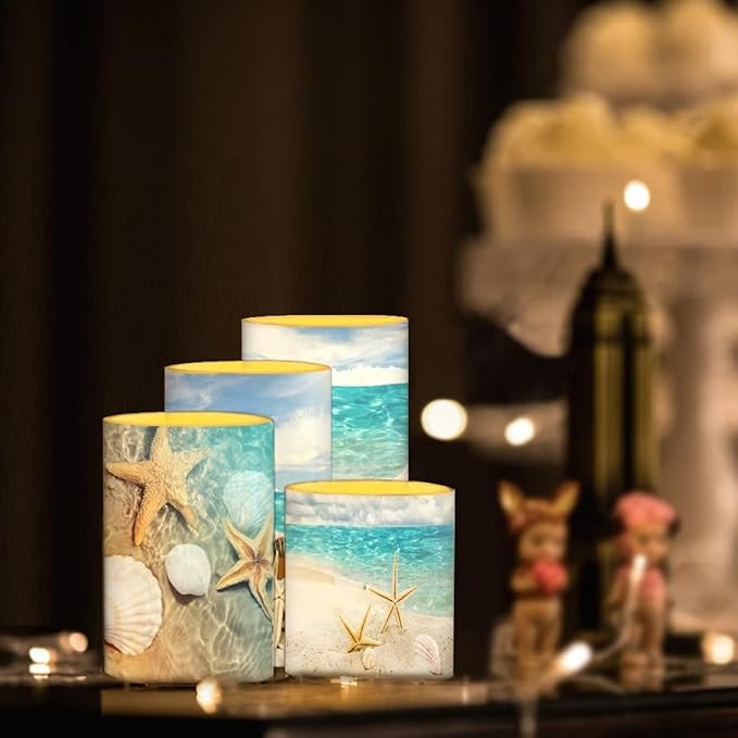 Black Flameless LED Battery Candles 4PCS Pillar Candles with 18-Key Timer Remote Colorful Light for Christmas Party Celebration Decor, Seawater Starfish-VerdiqueGarden