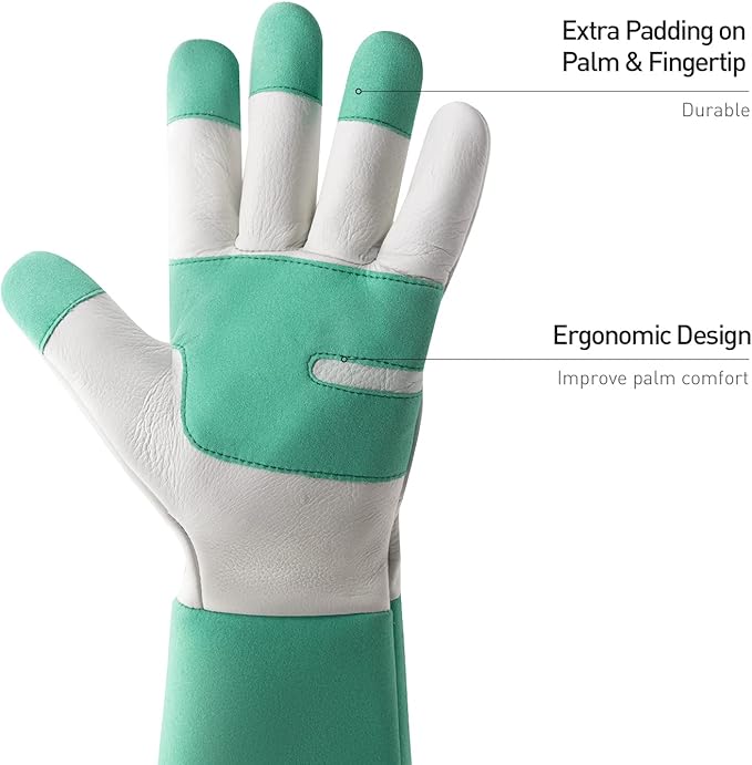 HANDLANDY Long Gardening Gloves for Men & Women, Thorn Proof Rose Pruning Gloves Leather Gauntlets Garden Glove Yard Work Glove (Small, Green)-VerdiqueGarden
