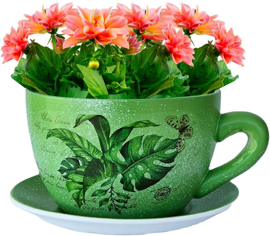 7.5" Ceramic Teacup Planter Pot with Saucer | Ideal for Succulents, Orchids, Herbs & Flowers | Indoor & Outdoor Use | Thoughtful Gift for Birthday or Wedding & More - Green - Palm Leaves-VerdiqueGarden