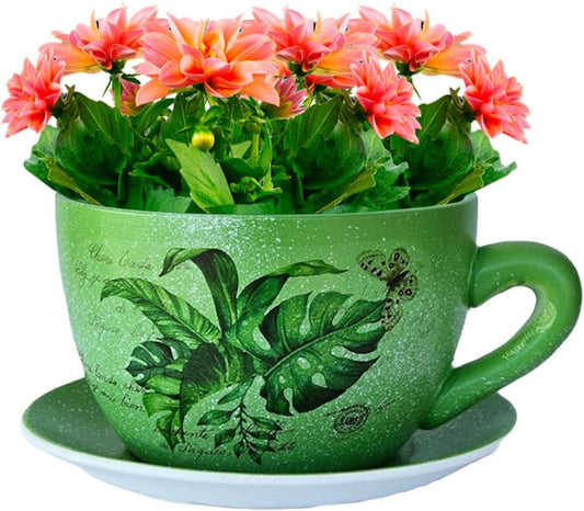 7.5" Ceramic Teacup Planter Pot with Saucer | Ideal for Succulents, Orchids, Herbs & Flowers | Indoor & Outdoor Use | Thoughtful Gift for Birthday or Wedding & More - Green - Palm Leaves-VerdiqueGarden