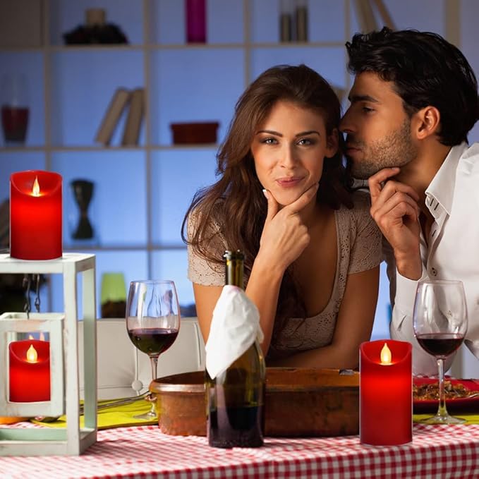 Flameless Battery Operated Flickering Candles:3PACK Red Real Wax Pillar Candle,Electric LED Candle with 10-Key Remote Control and 24 Hours Timer for Home Decoration Holiday Party-VerdiqueGarden