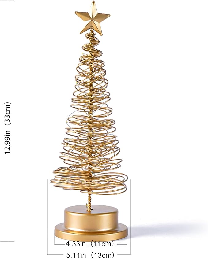 Christmas Tree Lamp, Spiral Christmas Tree with Glittering Star, AA Battery Operated Gold Christmas Tree Light with Metal Stand for Christmas Table Decoration（Batteries not Included）-VerdiqueGarden