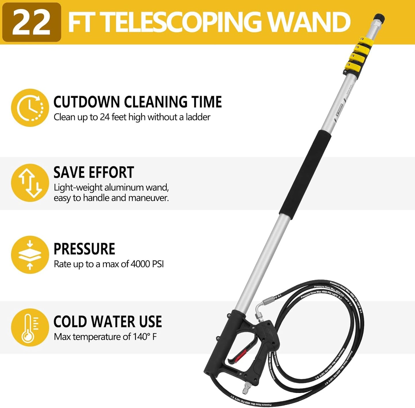 22 FT Telescoping Pressure Washer Wand with Power Washer Extension Wand, Gutter Cleaner Attachment, 5 Spray Nozzle Tips and 2 Hose Inlet Adapters-VerdiqueGarden