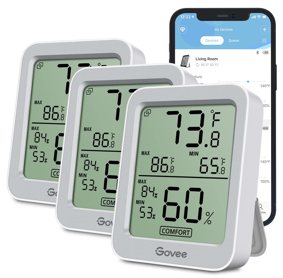 Govee Indoor Hygrometer Thermometer 3 Pack, Bluetooth Humidity Temperature Gauge with Large LCD Display, Notification Alert with Max Min Records, 2 Years Data Storage Export, Grey-VerdiqueGarden