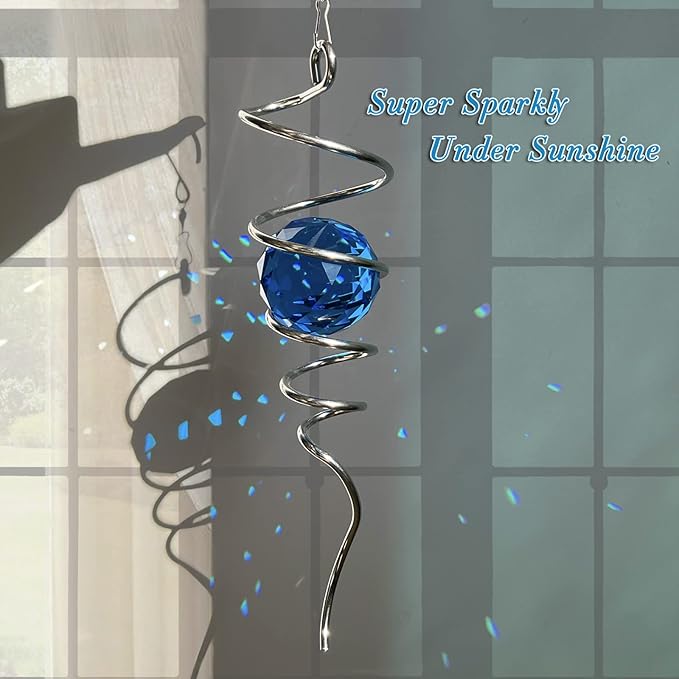 Fonmy Gazing Ball Spiral Tail -Decorative Wind Spinner Sun Catcher Rainbow Maker 11 inch Tail and 2 inch Peacock Blue Crystal Orb. Indoor Outdoor Garden Decoration -13 inch Height-VerdiqueGarden