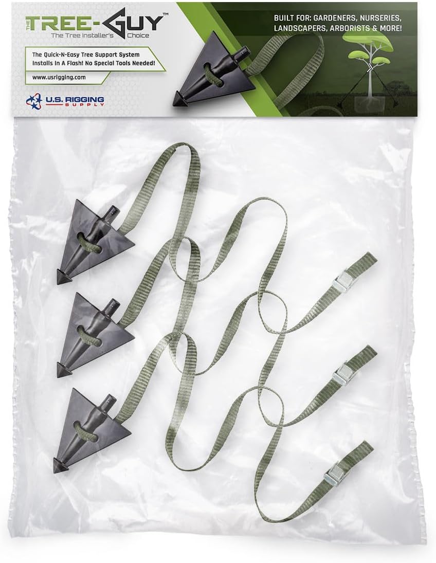 Pelican Rope Tree Guy Tree Tie Staking Anchor and Strap Kit 3 Pack, 12 ft Guy Line with Tree Staking System, Cam Lock-VerdiqueGarden