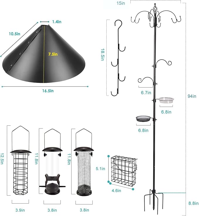 Bird Feeding Station Kit Bird Feeder Pole Wild Bird Feeder Kit with Squirrel Baffle and Suet Cage Mesh Tray Fruit Hook Double W Hook for Attracting Wild Birds-VerdiqueGarden